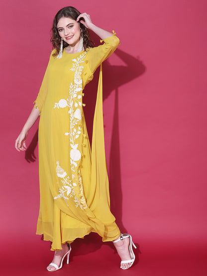 Floral Hand Embroidered Cowl Maxi Dress - Mustard