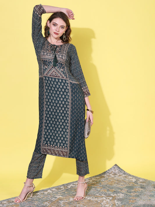 Ethnic Printed & Hand Embroidered Straight Kurta with Pant - Sea Green