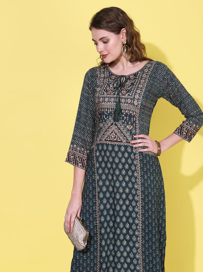 Ethnic Printed & Hand Embroidered Straight Kurta with Pant - Sea Green