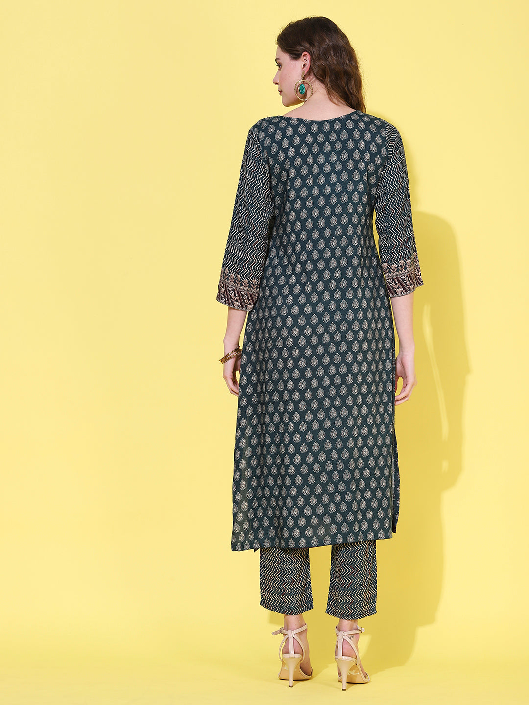 Ethnic Printed & Hand Embroidered Straight Kurta with Pant - Sea Green