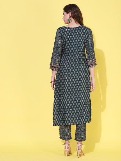 Ethnic Printed & Hand Embroidered Straight Kurta with Pant - Sea Green