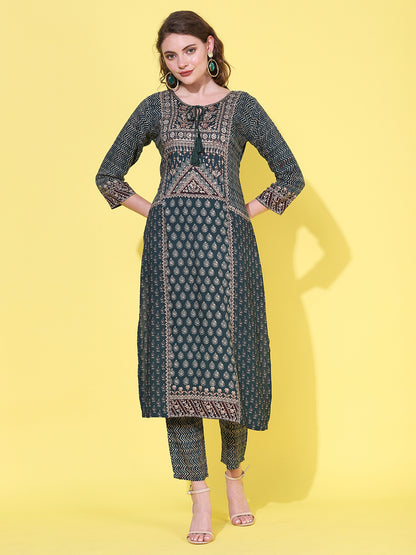 Ethnic Printed & Hand Embroidered Straight Kurta with Pant - Sea Green