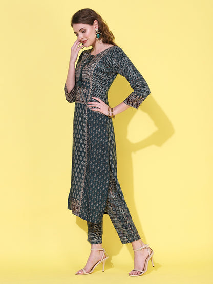 Ethnic Printed & Hand Embroidered Straight Kurta with Pant - Sea Green