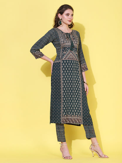 Ethnic Printed & Hand Embroidered Straight Kurta with Pant - Sea Green