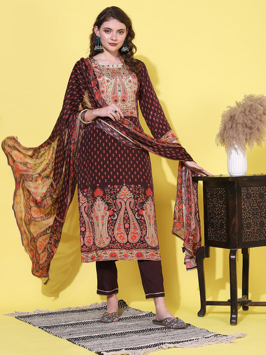 Ethnic Floral Printed & Embroidered Straight Kurta with Pant & Dupatta - Brown