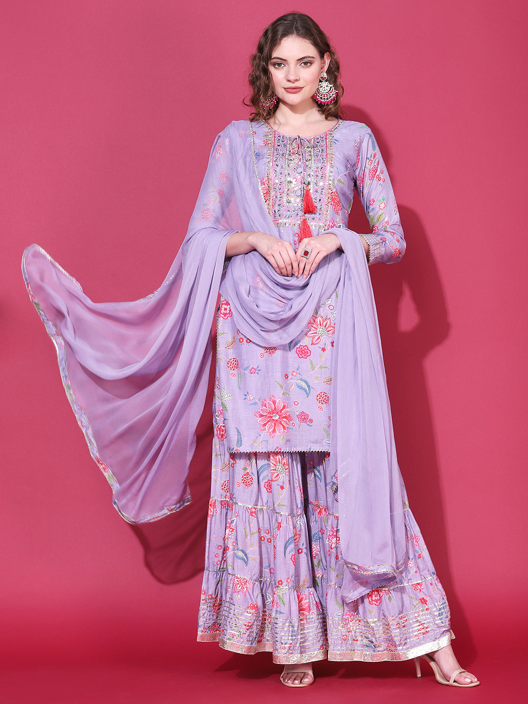 Floral Printed & Hand Embroidered Kurta with Sharara & Dupatta - Light Purple