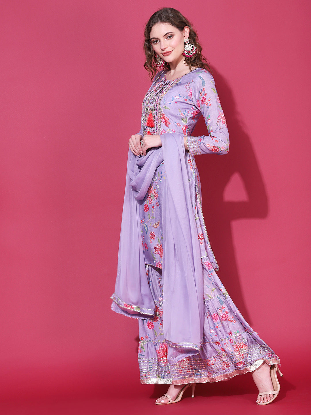 Floral Printed & Hand Embroidered Kurta with Sharara & Dupatta - Light Purple