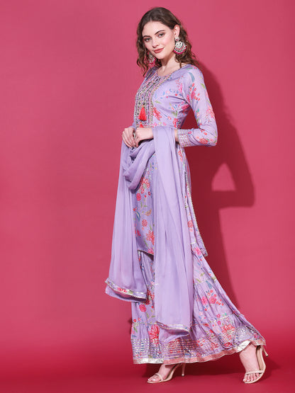 Floral Printed & Hand Embroidered Kurta with Sharara & Dupatta - Light Purple
