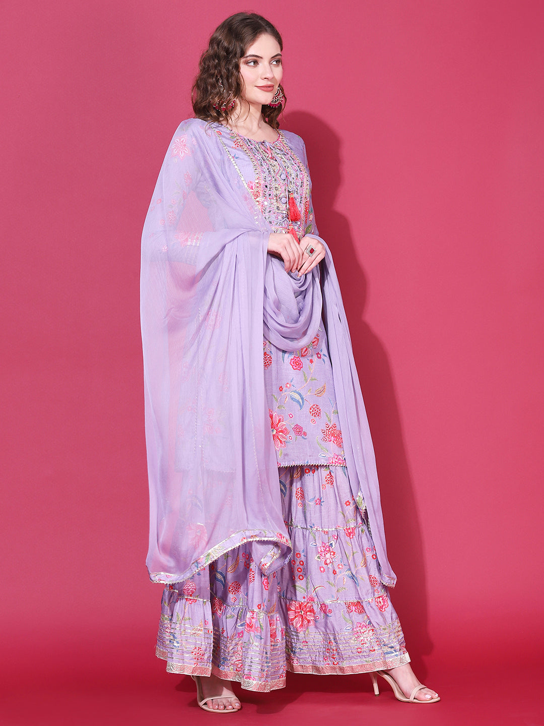 Floral Printed & Hand Embroidered Kurta with Sharara & Dupatta - Light Purple