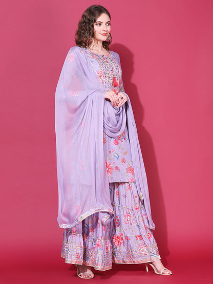 Floral Printed & Hand Embroidered Kurta with Sharara & Dupatta - Light Purple