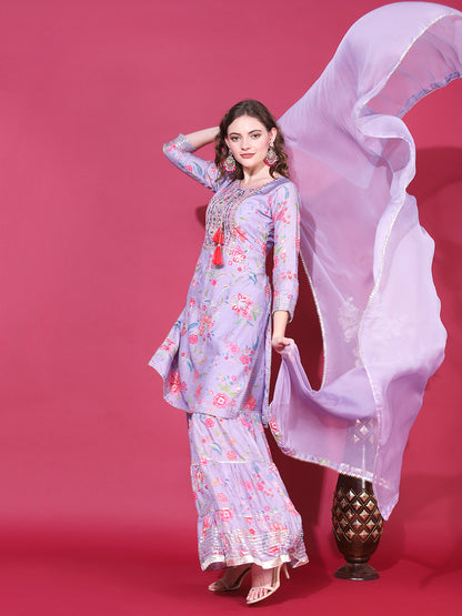 Floral Printed & Hand Embroidered Kurta with Sharara & Dupatta - Light Purple