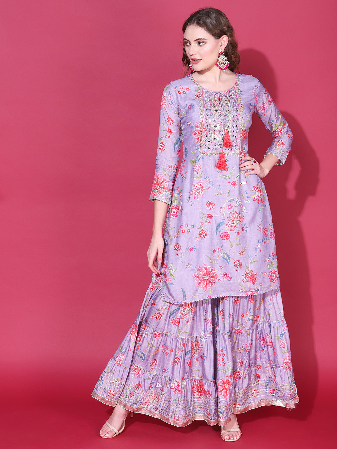 Floral Printed & Hand Embroidered Kurta with Sharara & Dupatta - Light Purple