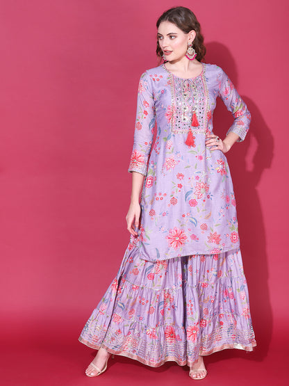 Floral Printed & Hand Embroidered Kurta with Sharara & Dupatta - Light Purple