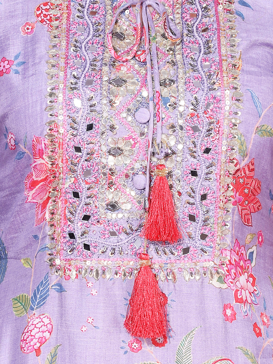 Floral Printed & Hand Embroidered Kurta with Sharara & Dupatta - Light Purple