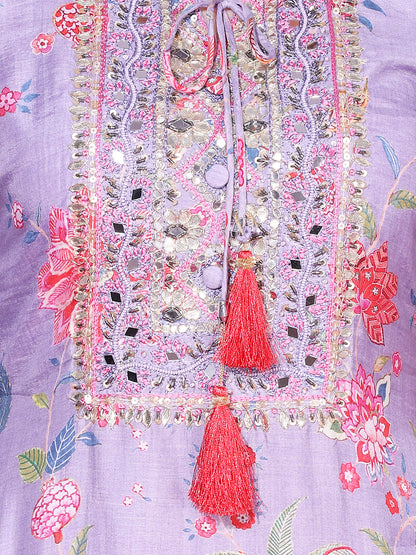 Floral Printed & Hand Embroidered Kurta with Sharara & Dupatta - Light Purple