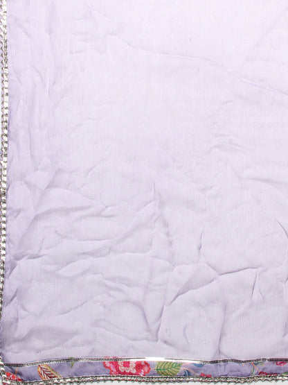 Floral Printed & Hand Embroidered Kurta with Sharara & Dupatta - Light Purple