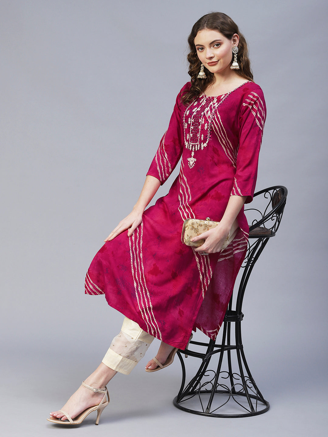 Ethnic Printed & Mirror Embroidered Straight Fit Kurta – Magenta