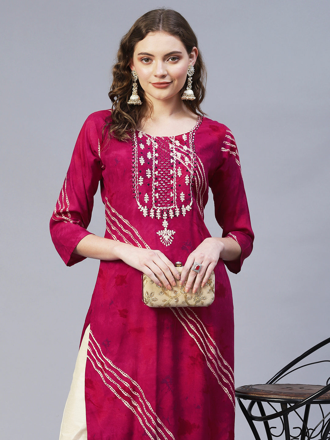 Ethnic Printed & Mirror Embroidered Straight Fit Kurta – Magenta