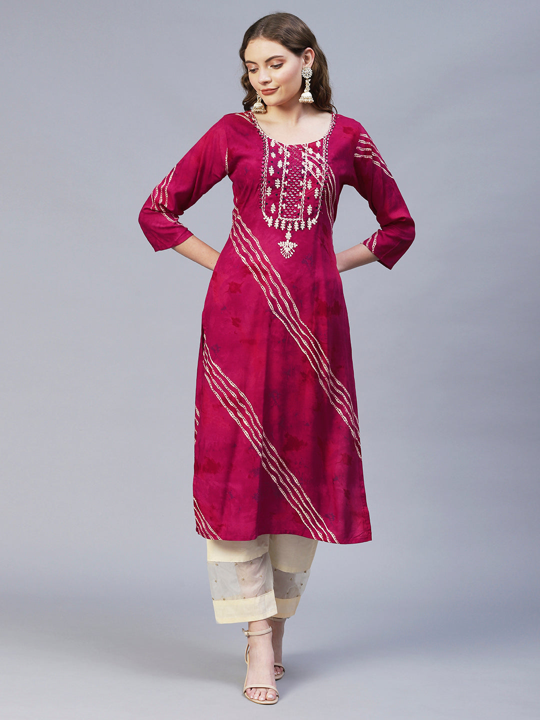 Ethnic Printed & Mirror Embroidered Straight Fit Kurta – Magenta