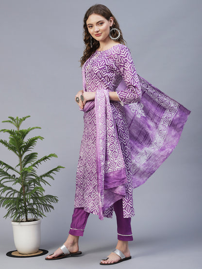 Ethnic Printed & Hand Embroidered Kurta with Pants & Dupatta - Light Purple