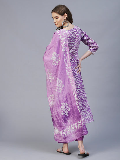 Ethnic Printed & Hand Embroidered Kurta with Pants & Dupatta - Light Purple