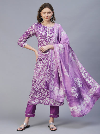 Ethnic Printed & Hand Embroidered Kurta with Pants & Dupatta - Light Purple