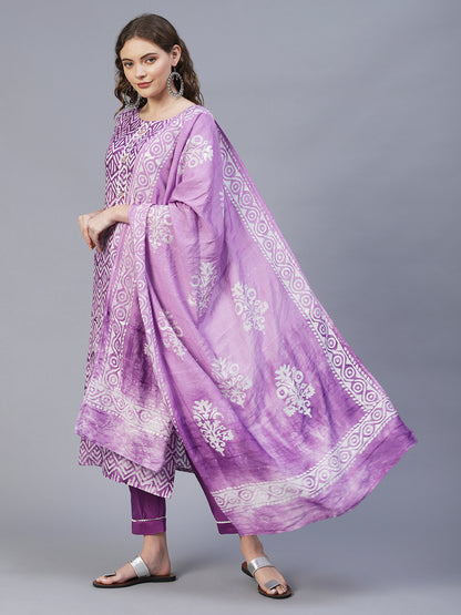 Ethnic Printed & Hand Embroidered Kurta with Pants & Dupatta - Light Purple