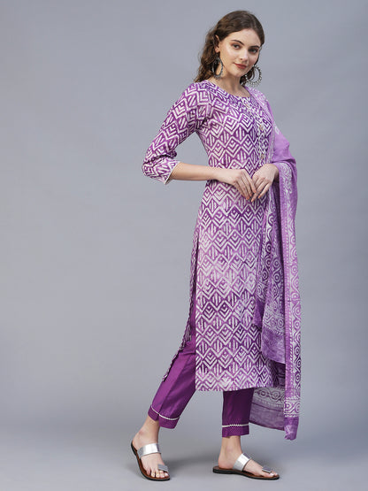 Ethnic Printed & Hand Embroidered Kurta with Pants & Dupatta - Light Purple