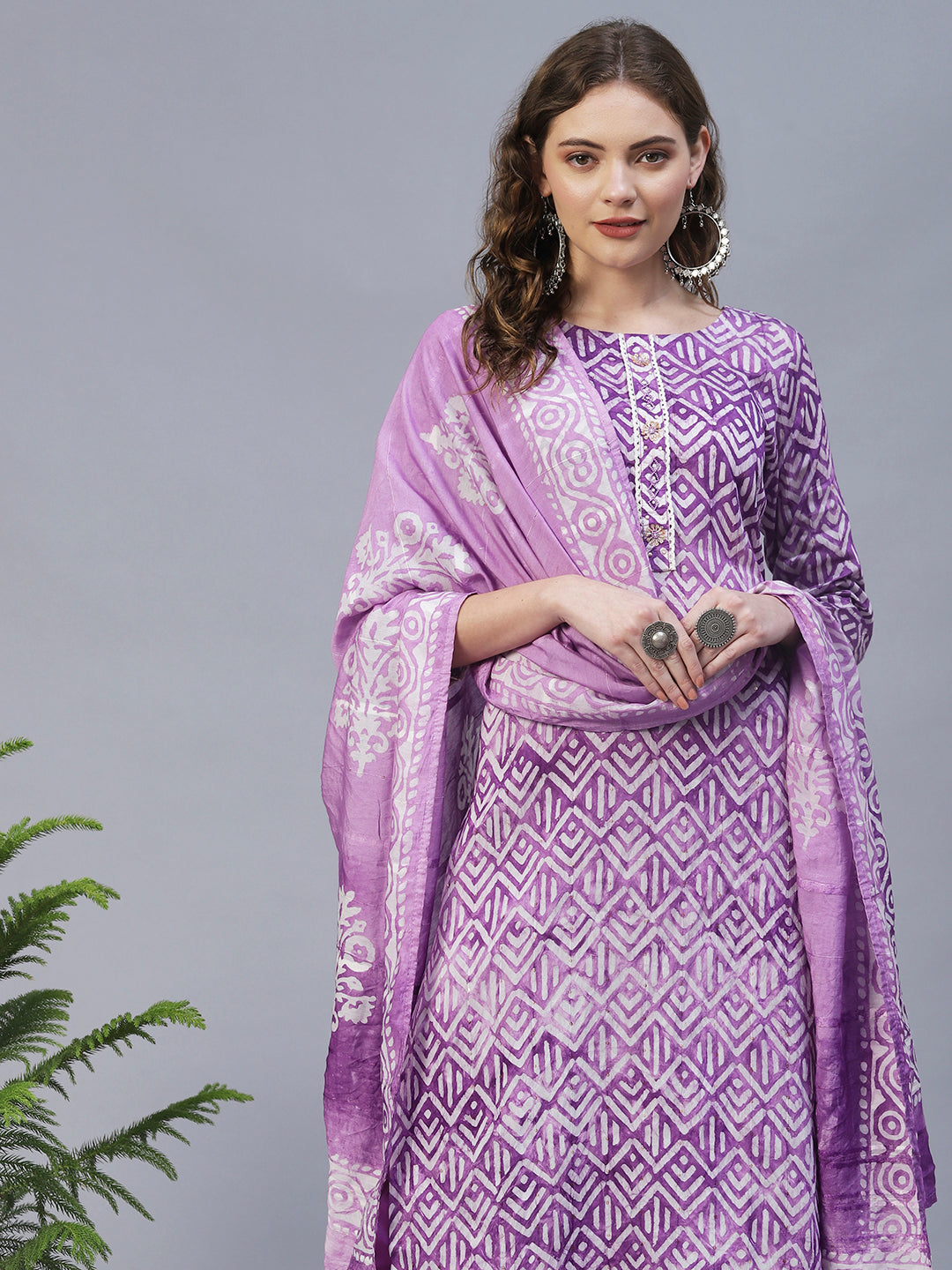 Ethnic Printed & Hand Embroidered Kurta with Pants & Dupatta - Light Purple