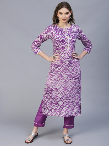 Ethnic Printed & Hand Embroidered Kurta with Pants & Dupatta - Light Purple