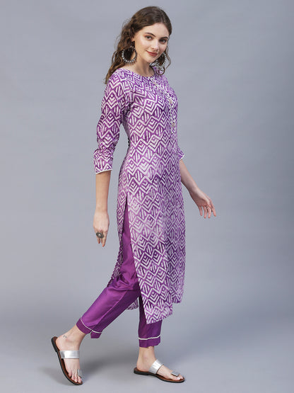 Ethnic Printed & Hand Embroidered Kurta with Pants & Dupatta - Light Purple