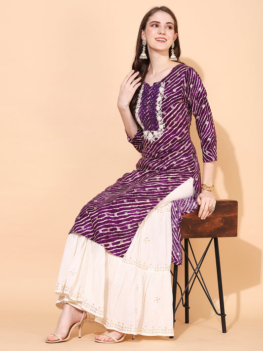 Leheriya Printed & Embroidered Straight Fit Kurta – Deep Purple