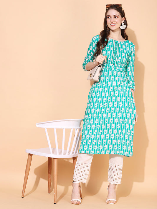 Ethnic Woven & Embroidered Straight Fit Kurta - Mint Green