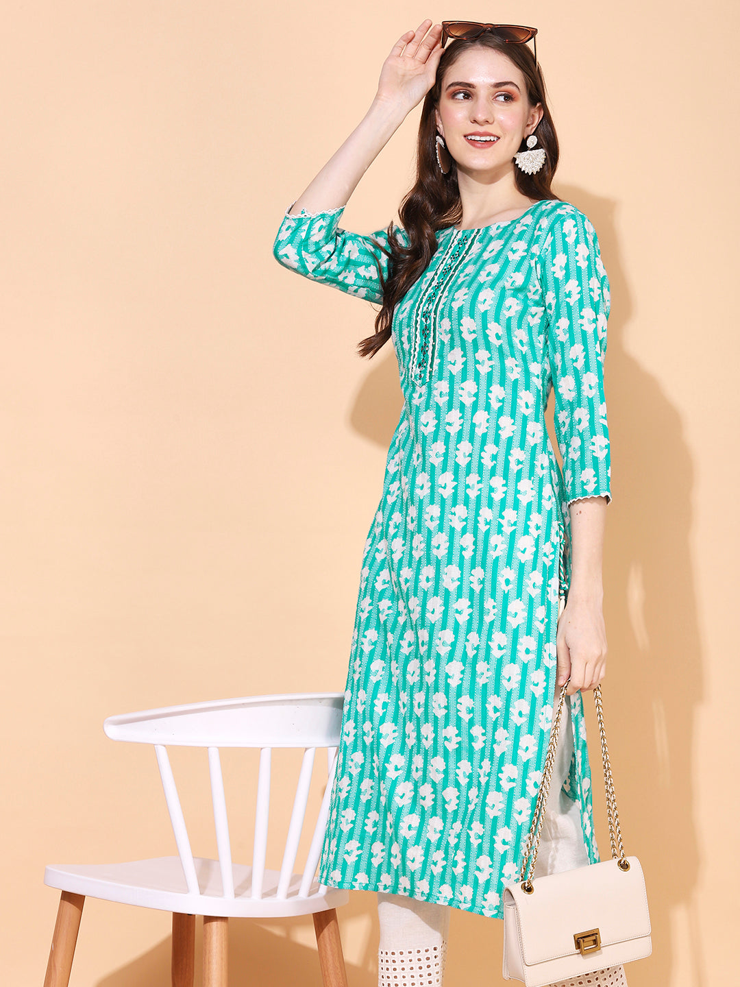 Ethnic Woven & Embroidered Straight Fit Kurta - Mint Green
