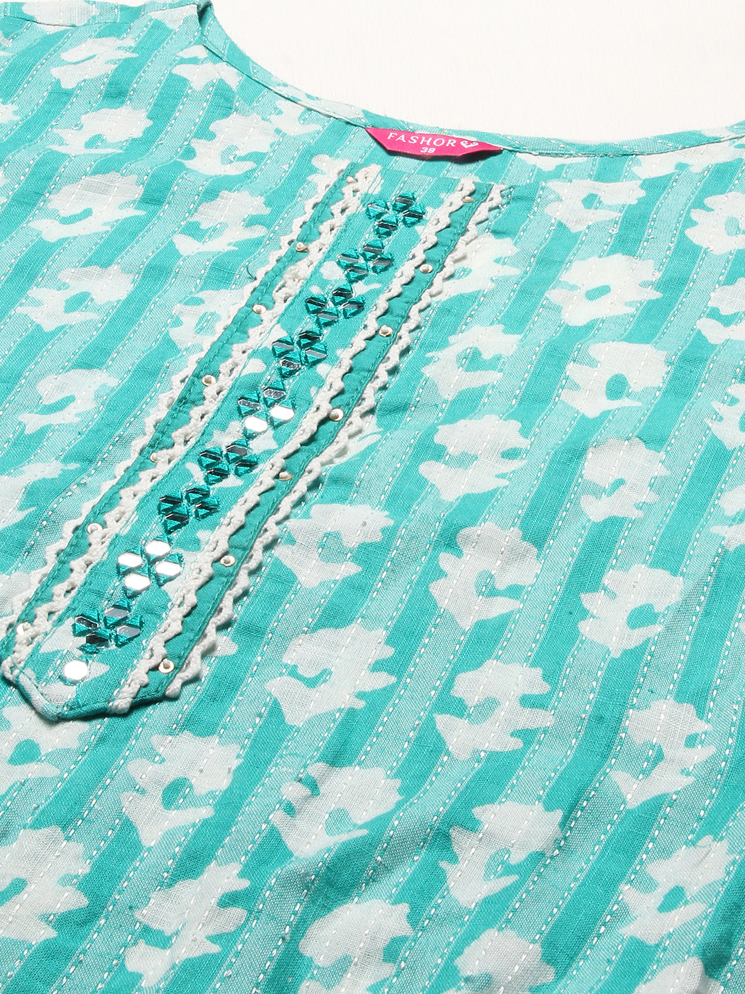 Ethnic Woven & Embroidered Straight Fit Kurta - Mint Green