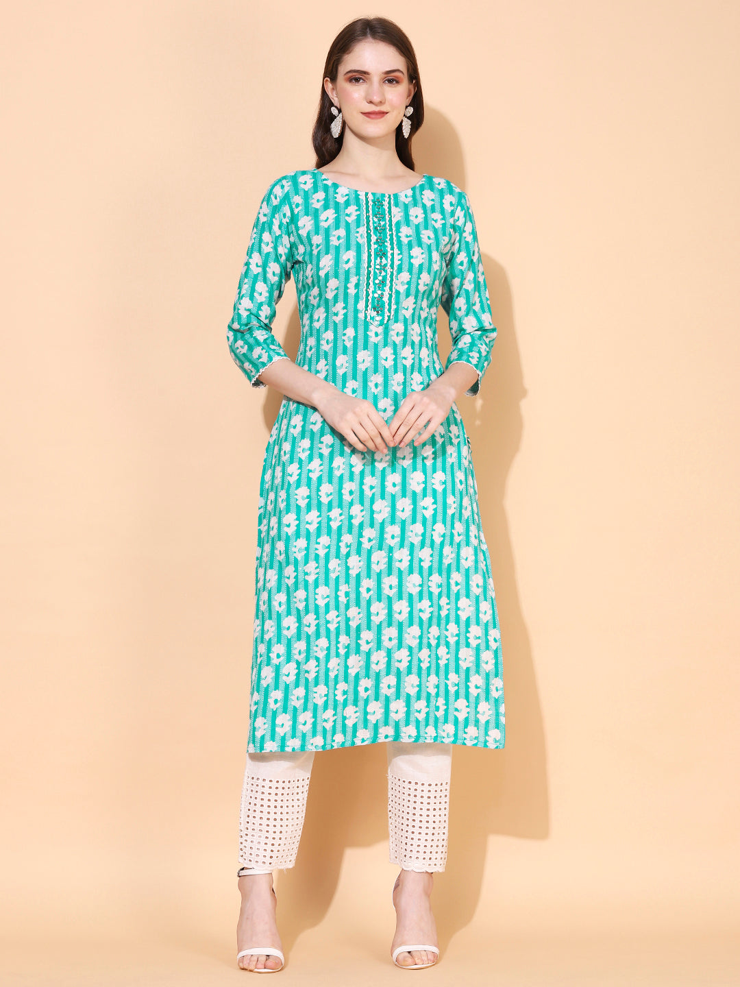 Ethnic Woven & Embroidered Straight Fit Kurta - Mint Green