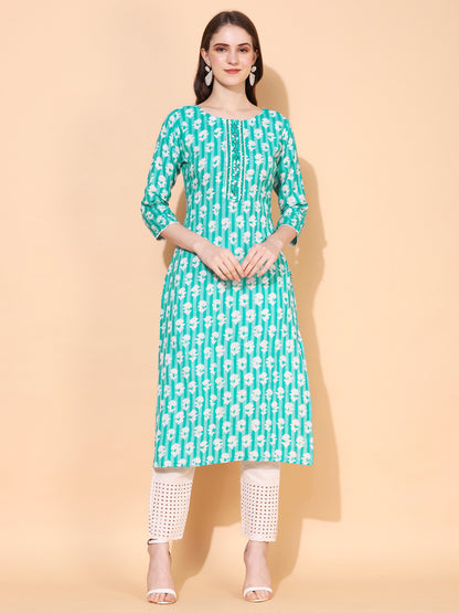 Ethnic Woven & Embroidered Straight Fit Kurta - Mint Green