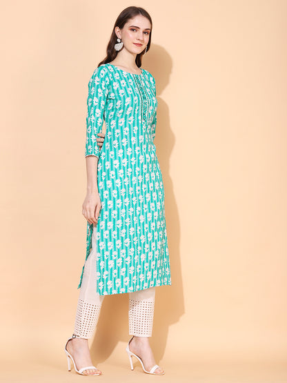 Ethnic Woven & Embroidered Straight Fit Kurta - Mint Green
