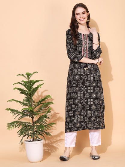 Ethnic Printed & Hand Embroidered Straight Fit Kurta - Black