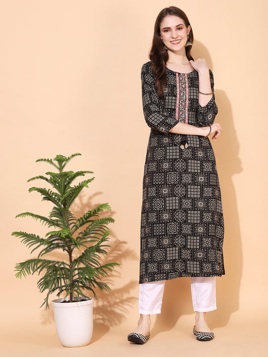 Ethnic Printed & Hand Embroidered Straight Fit Kurta - Black