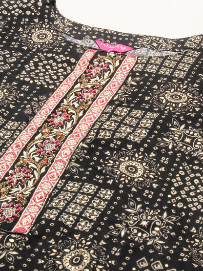 Ethnic Printed & Hand Embroidered Straight Fit Kurta - Black