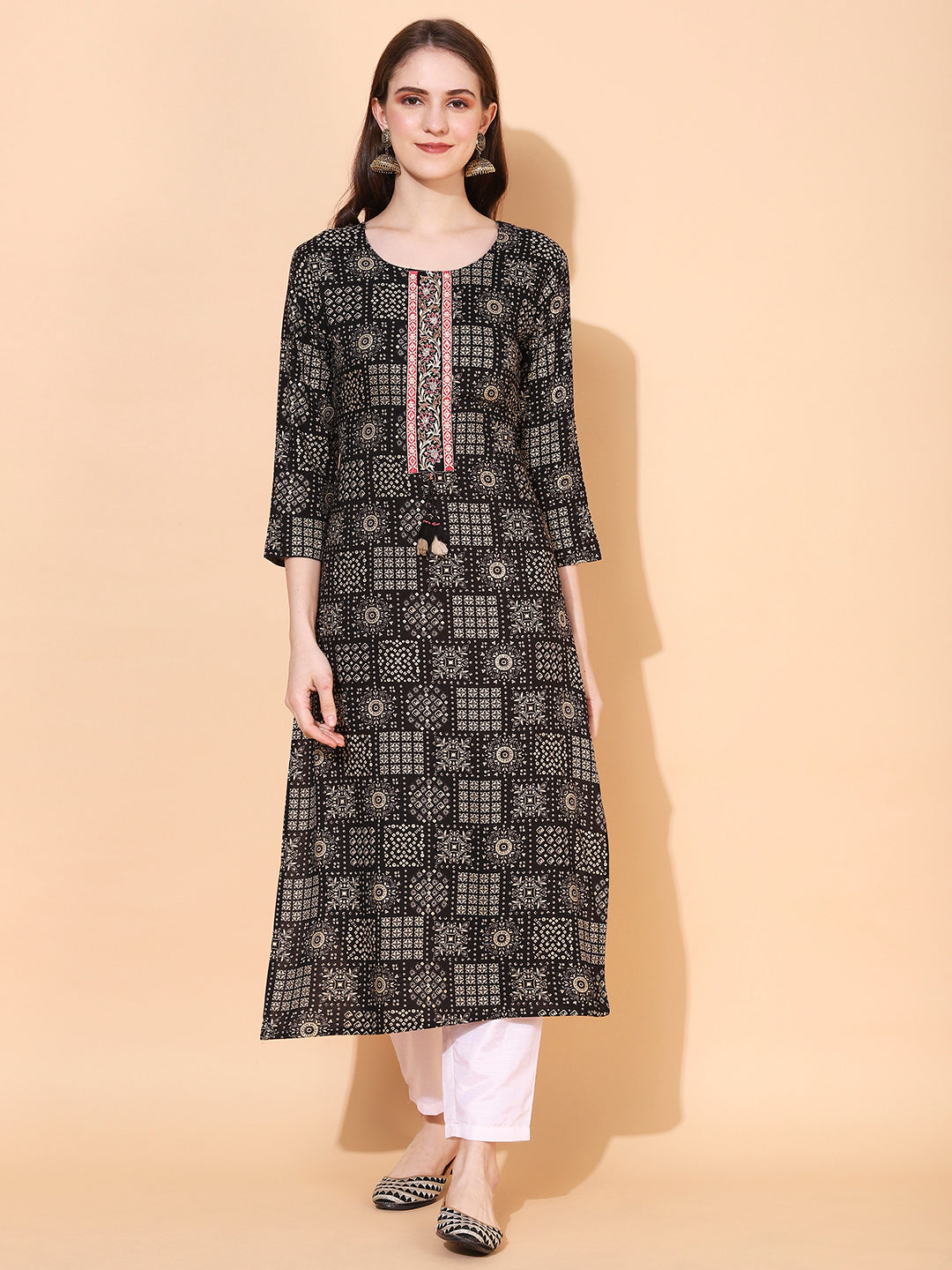 Ethnic Printed & Hand Embroidered Straight Fit Kurta - Black