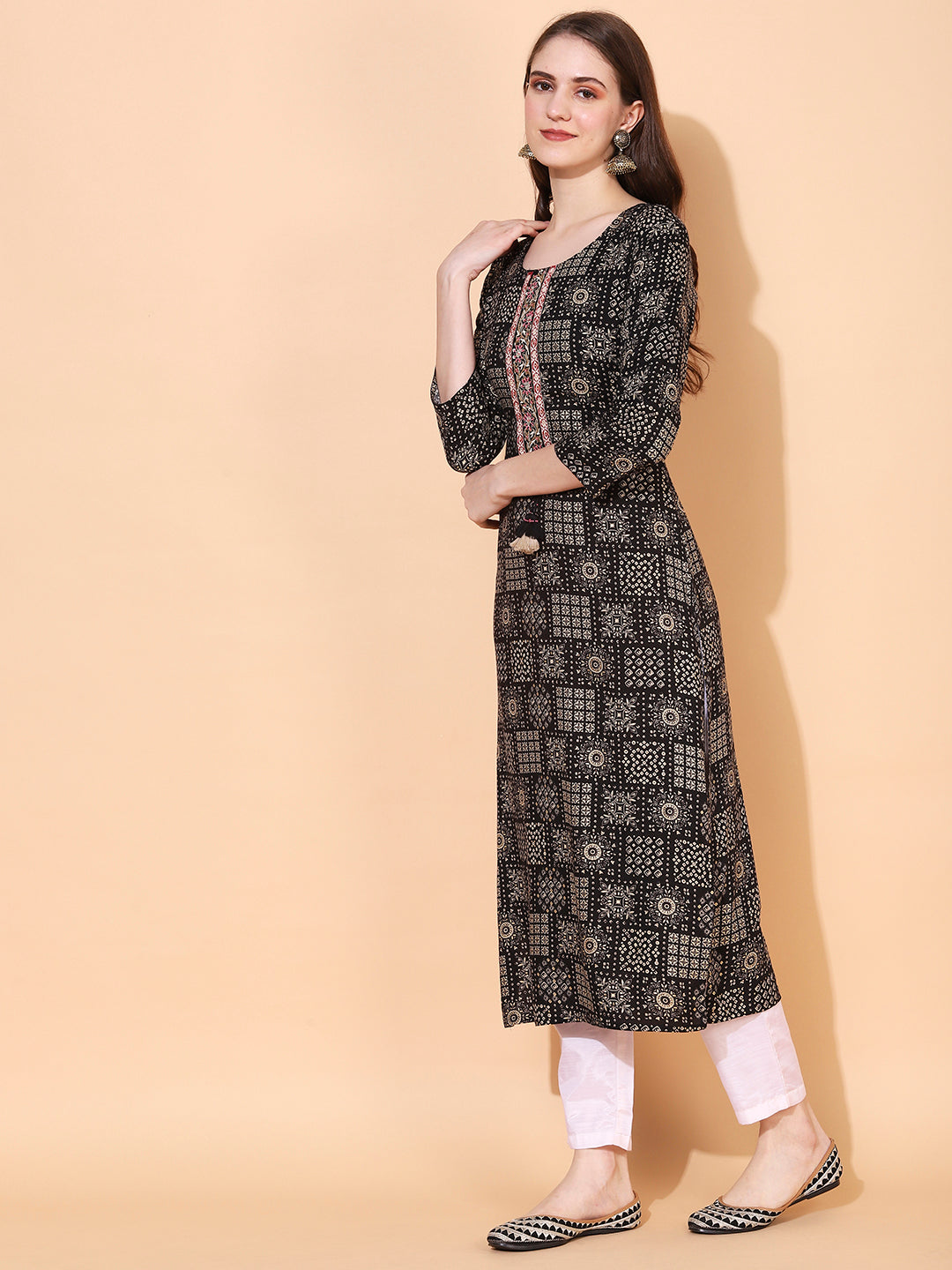 Ethnic Printed & Hand Embroidered Straight Fit Kurta - Black