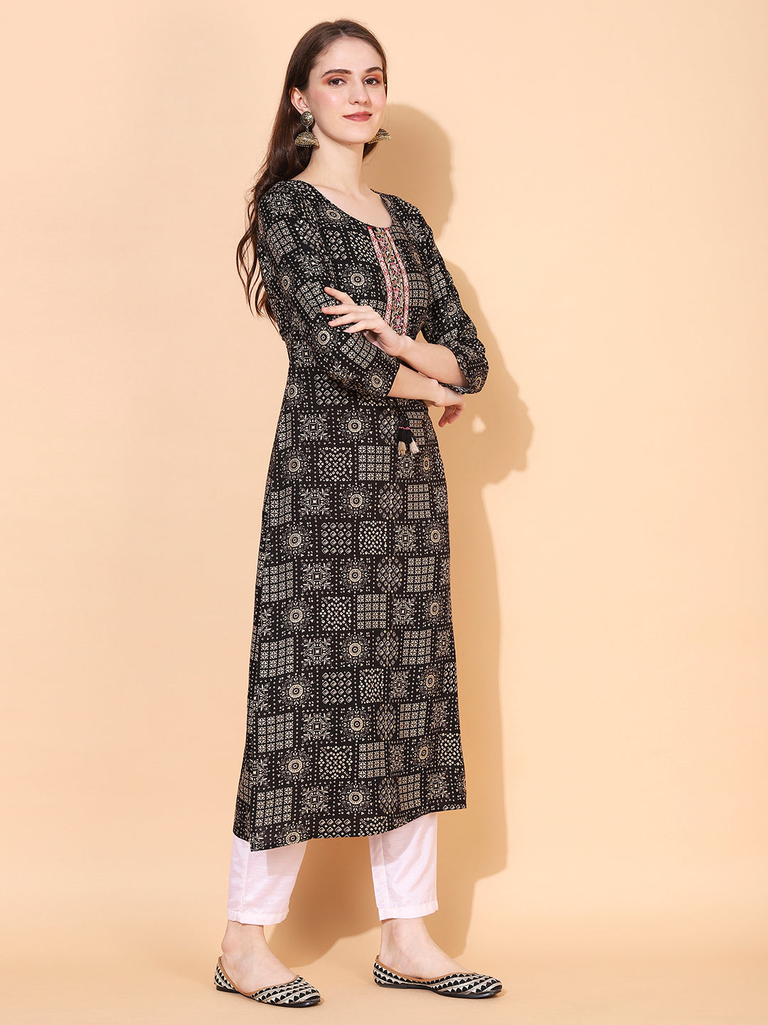 Ethnic Printed & Hand Embroidered Straight Fit Kurta - Black