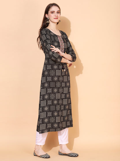 Ethnic Printed & Hand Embroidered Straight Fit Kurta - Black