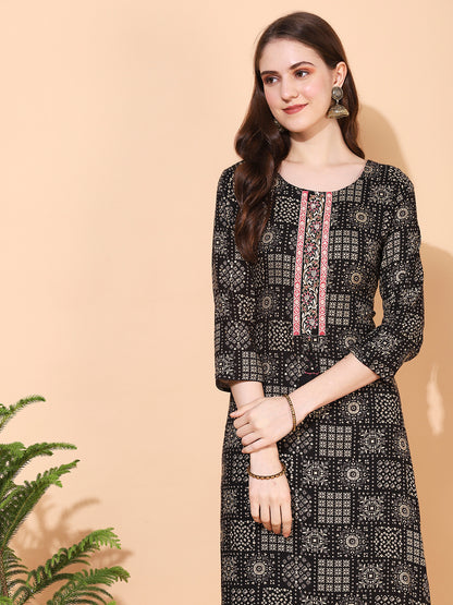Ethnic Printed & Hand Embroidered Straight Fit Kurta - Black