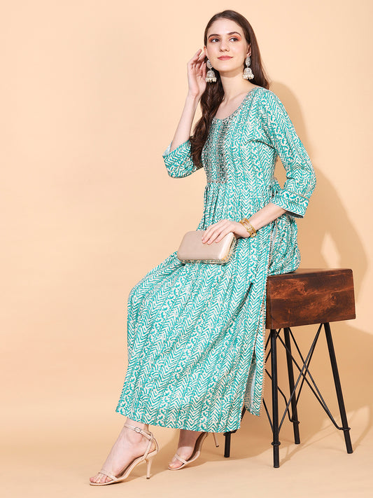 Ethnic Printed & Embroidered A-Line Kurta – Sea Green