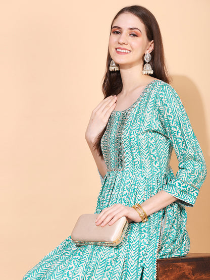 Ethnic Printed & Embroidered A-Line Kurta – Sea Green