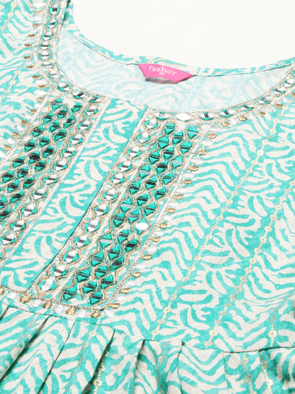 Ethnic Printed & Embroidered A-Line Kurta – Sea Green