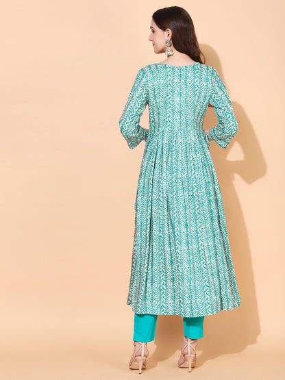 Ethnic Printed & Embroidered A-Line Kurta – Sea Green